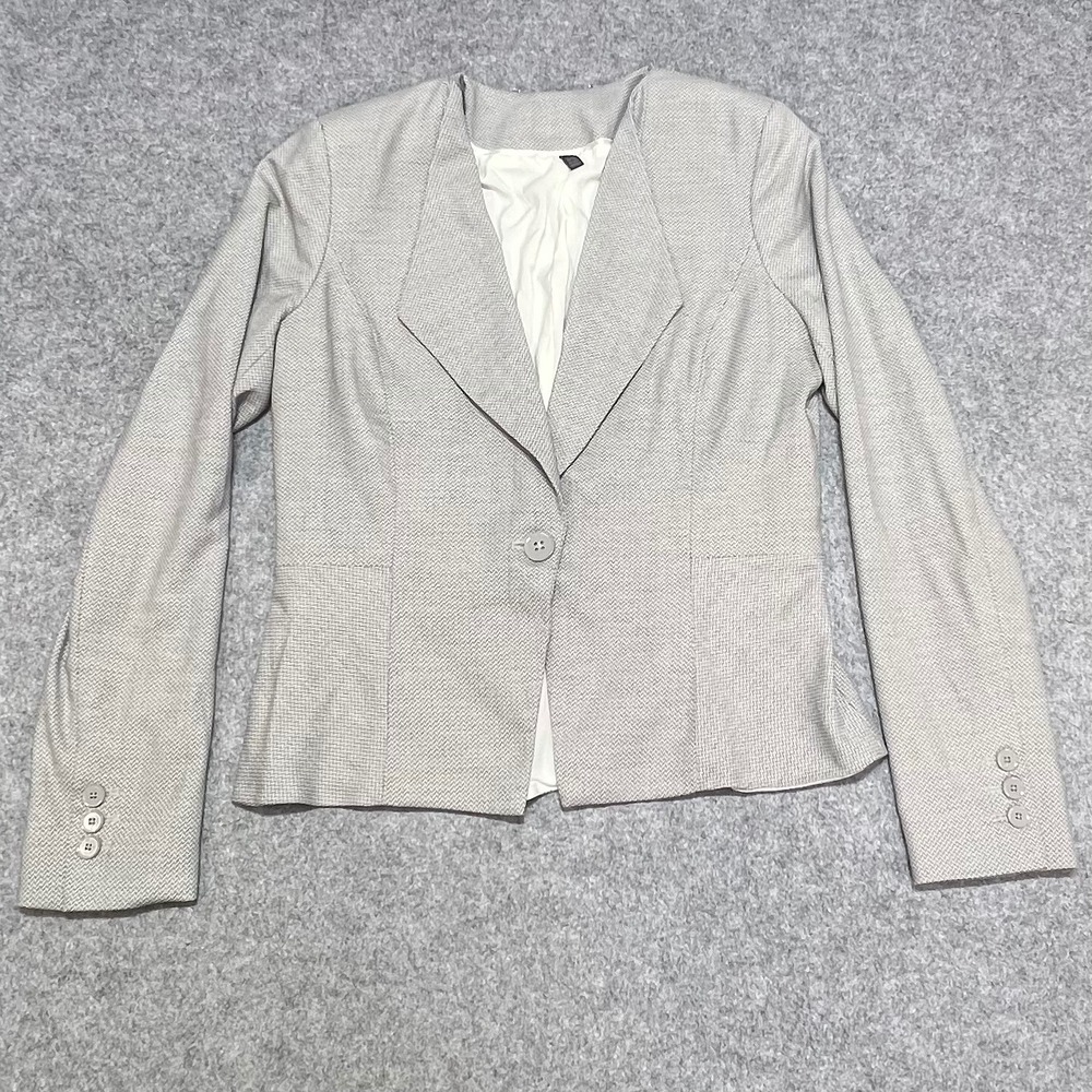 Womens Grey Herringbone‎ Peplum Blazer Single Button V-Neck Jacket Size 6
